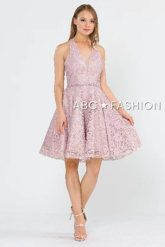 Super Deal Short Halter Lace Dress with Open Back by Poly USA 8428