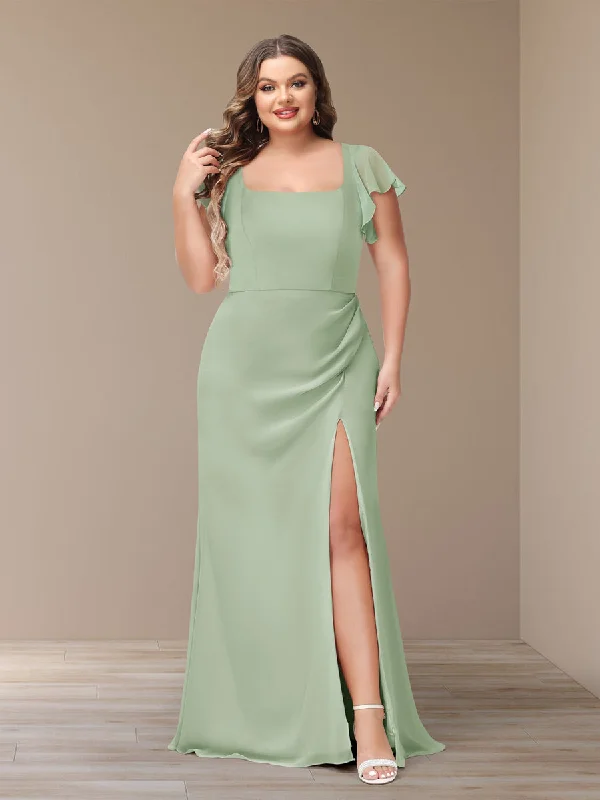 Exclusive Offers Sheath/Column Short Sleeves Chiffon Plus Size Bridesmaid Dresses with Split Side