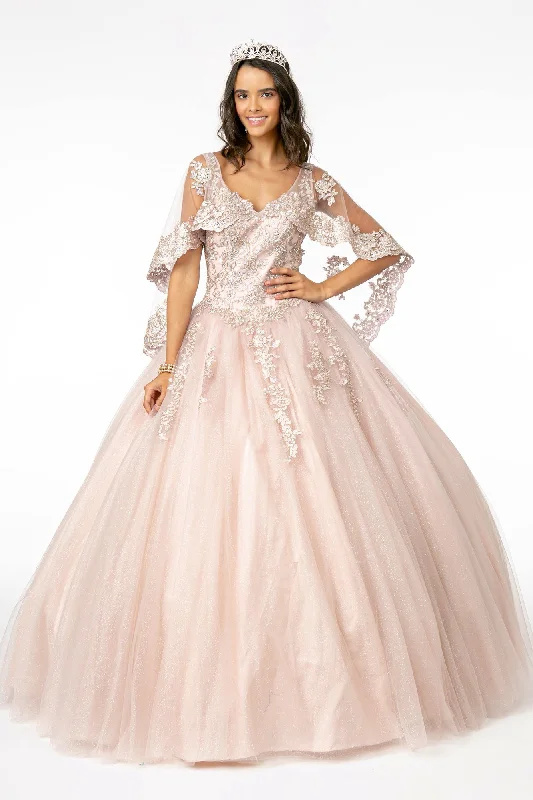 Midnight Sale Applique Glitter V-Neck Ball Gown with Cape by Elizabeth K GL2800