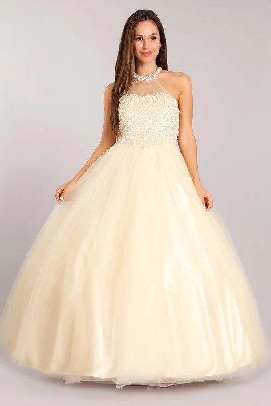 Don’t Miss Out Pearl Beaded Halter Ball Gown by Cinderella Couture 5055
