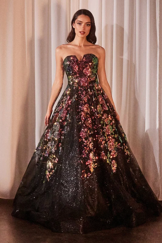 Flash Sale Floral Sequin Print Strapless Ball Gown by Ladivine CR380