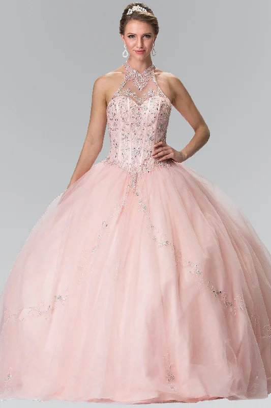Doorbuster Deal Beaded Halter Illusion Ballgown by Elizabeth K GL2348