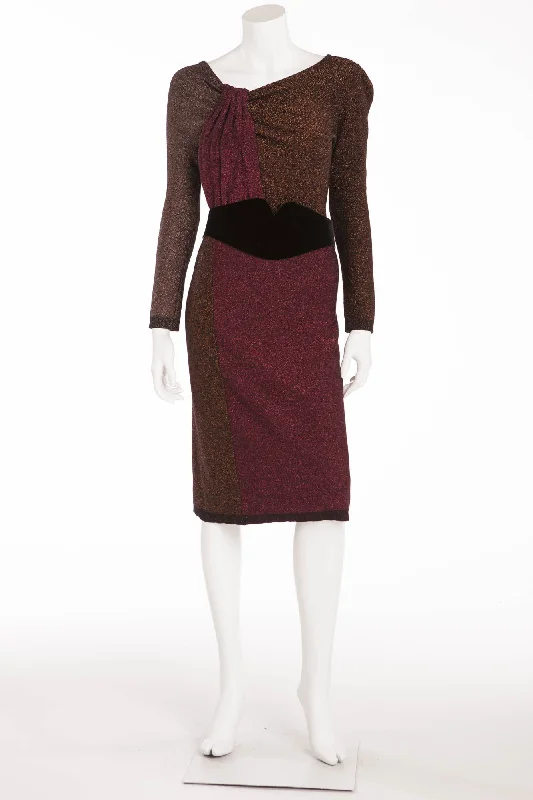 Don't Miss Sonia Rykiel - As Seen on the 2009 Runway Collection - Brown and Red Long Sleeve Metallic Dress with Belt - FR 38