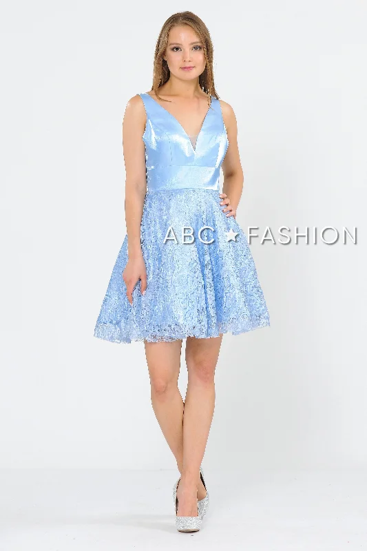 Price Break Short V-Neck Dress with A-line Lace Skirt by Poly USA 8418