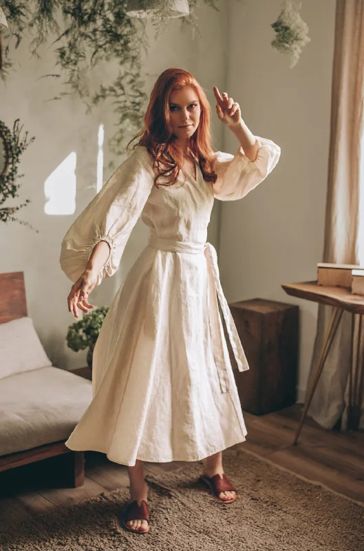 Fantastic Deals Linen Wrap Dress with Puff Sleeves