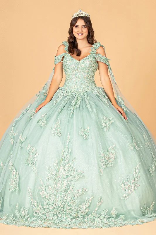 Online Only Applique Cape Sleeve Ball Gown by Elizabeth K GL3099
