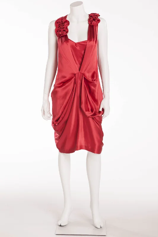 Can't Be Beat Sonia Rykiel - As Seen on the 2007 Sonia Rykiel Runway Collection - Red Silk Dress with Flowers and Ruching  - IT 38