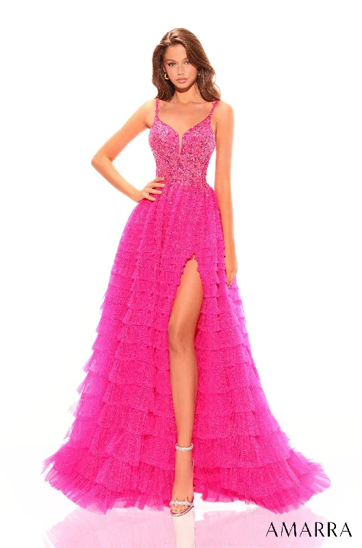 Online Exclusive Applique V-Neck A-line Tiered Slit Gown by Amarra 88788