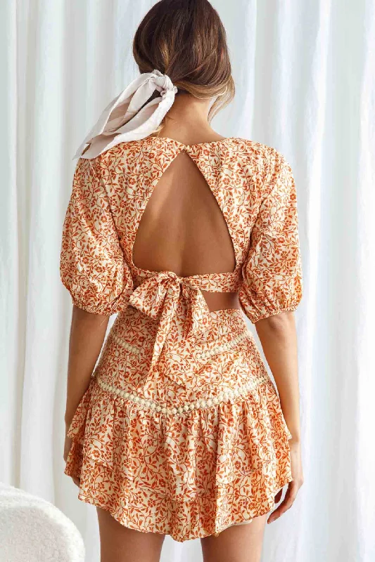 Belong Together Puff Sleeve Open Back Crop Top Floral Print Sun