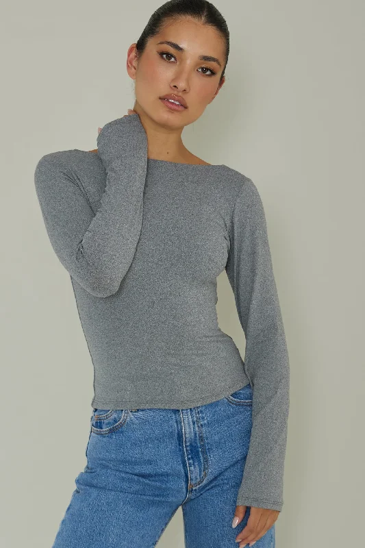 Cheers Boat Neck Long Sleeve Top Grey