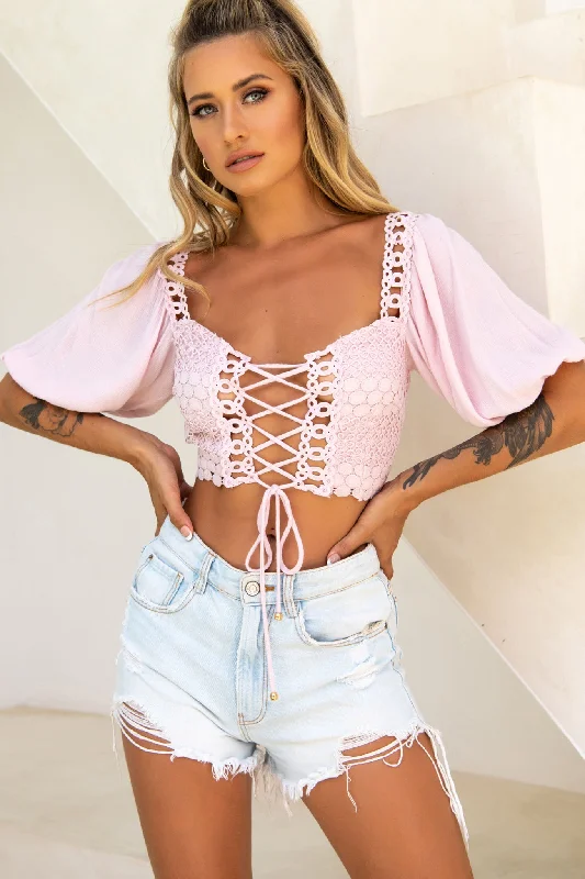 Golden Hour Lace-Up Front Crochet Crop Top Pink