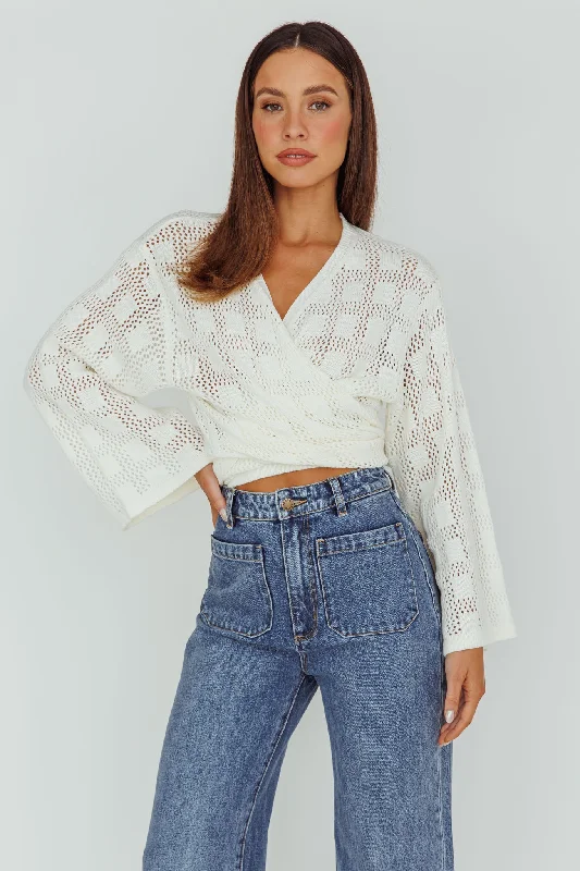 Rivera Deep-V Waist-Tie Top Crochet White