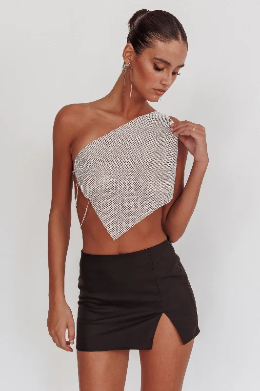 Sun Dial One Shoulder Diamante Top Silver