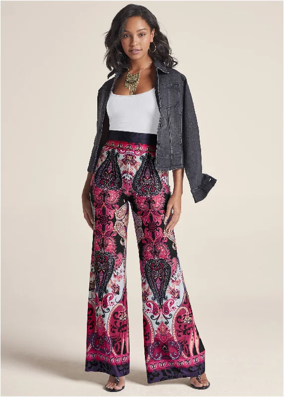 Wide Leg Paisley Print Pant - Pink Multi