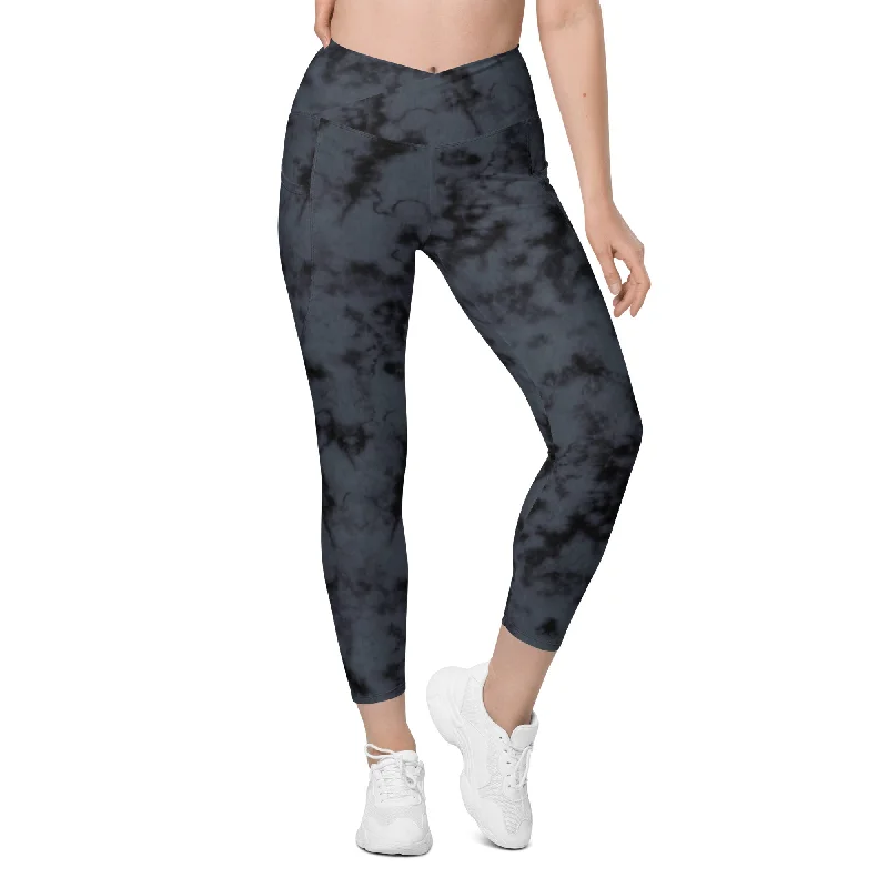 7/8 High Waist Crossover V-Cut Pocket Yoga Leggings - Black Marble Dye