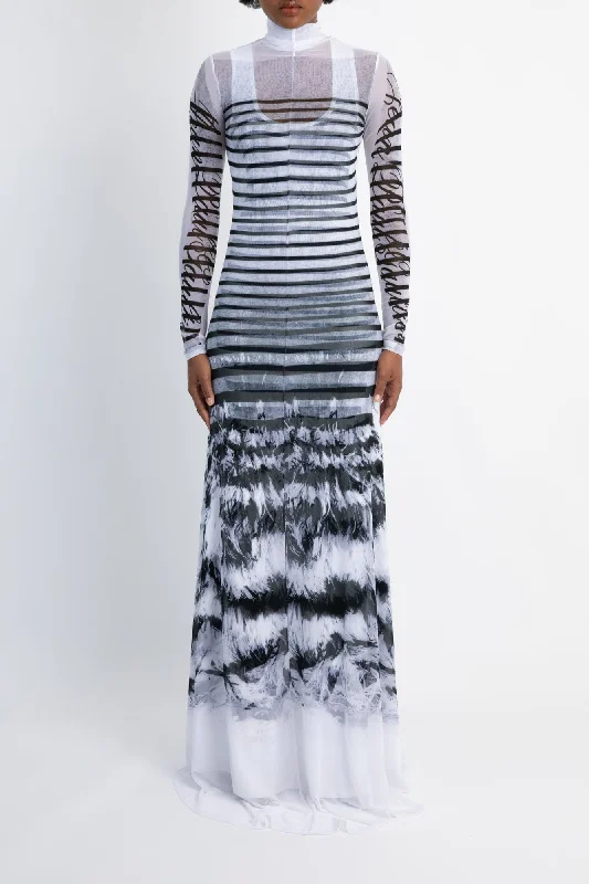 Jean Paul Gaultier Feathers Mariniere Printed Spandex and Mesh Long Dress