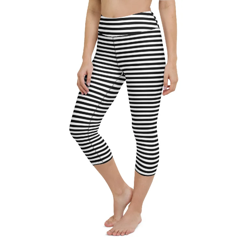 UPF Women's Black and White Stripe SURF SUP Paddle Capri Swim Leggings