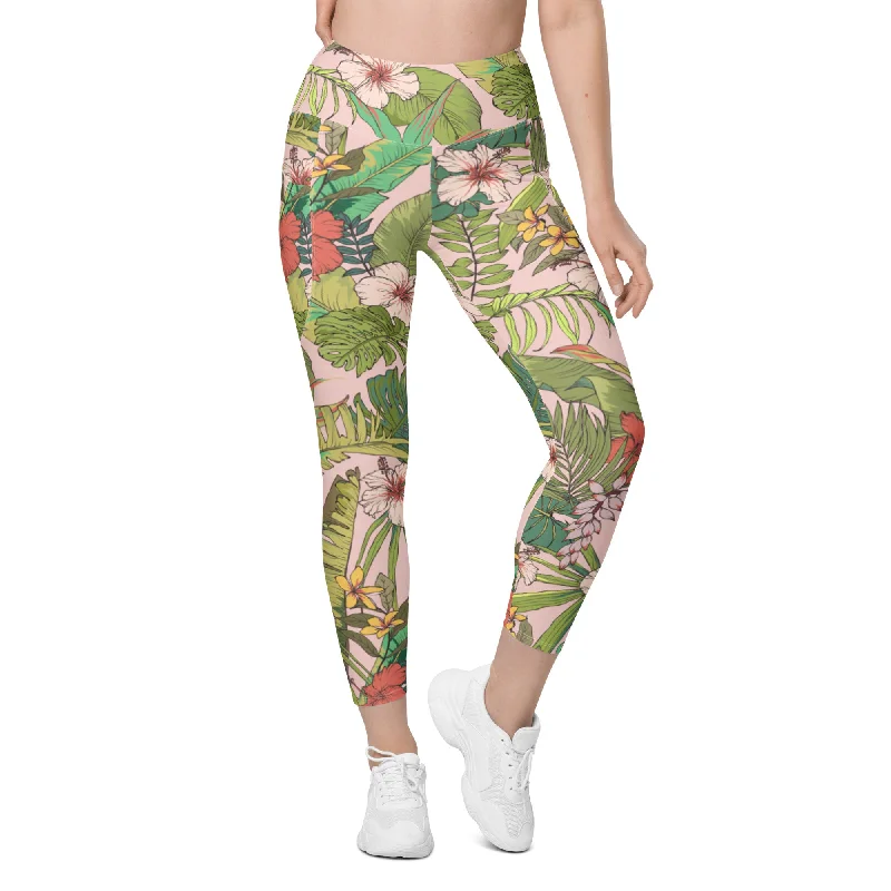 Vintage Tropical Floral SUP Swim Leggings w/ Pockets, UPF 50+