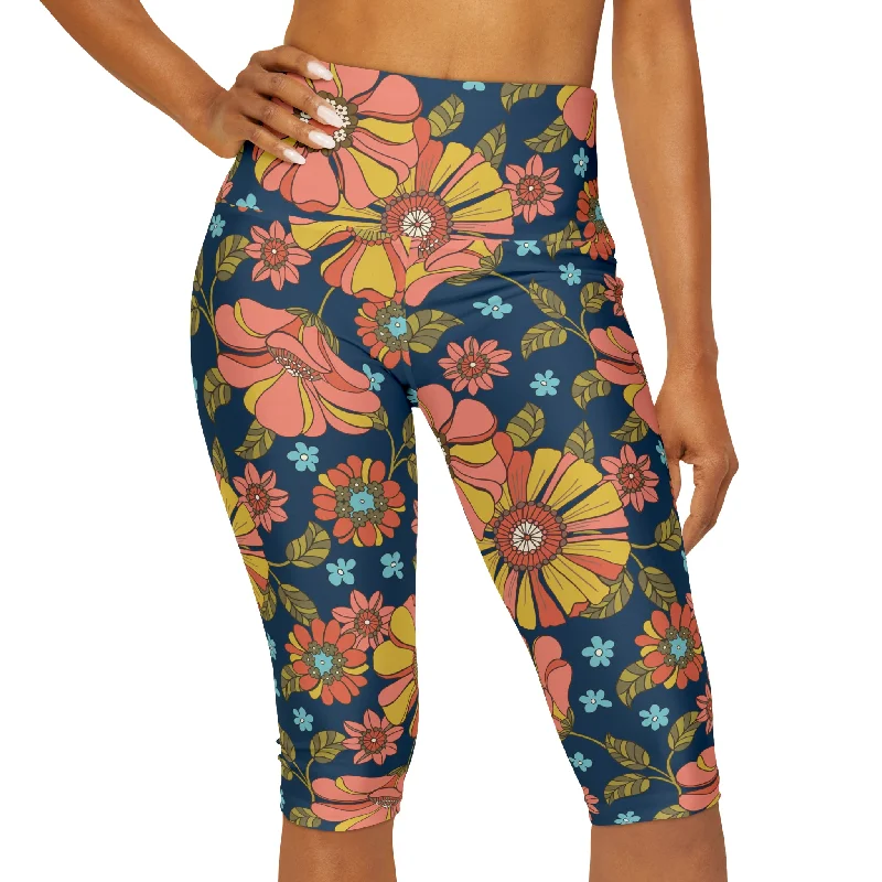 Women's Knee Length Capri Shorts Leggings, 70s Retro Floral