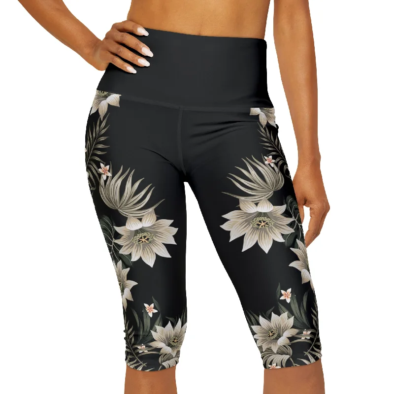 Women's UPF 50 Swim Capri Shorts Leggings, Black Hawaiian Lily